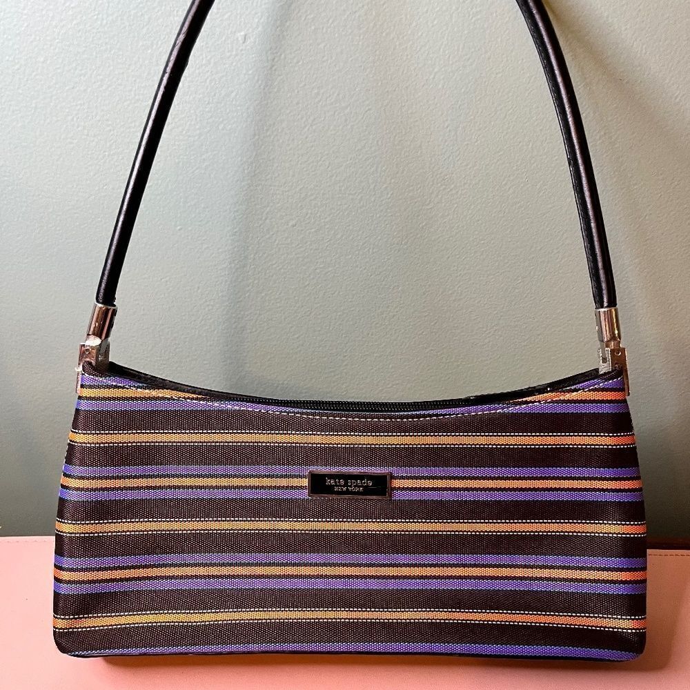 Vintage Kate Spade New York Shoulder Purse Bag Multiple Fall Color Striped Great - Picture 16 of 16
